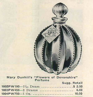Flowers of Devonshire Perfume Bottle By Mary Dunhill 1958 Advertisement Showing one of the 2 Close Copy Bottles of both the original R. Lalique Gregoire Perfume Bottle and the Original R. Lalique Flowers of Devonshire Perfume Bottle for Mary Dunhill