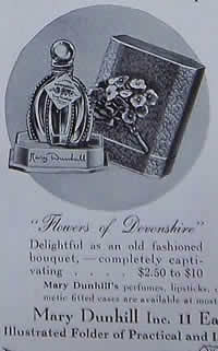 Flowers of Devonshire Perfume Bottle By Mary Dunhill 1938 Ad Showing one of the 2 Close Copy Bottles of both the original R. Lalique Gregoire Perfume Bottle and the Original R. Lalique Flowers of Devonshire Perfume Bottle for Mary Dunhill