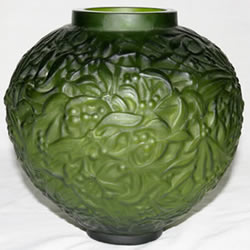 Gui Vase in Green Glass Unsigned Highly Suspicious Example of Rene Lalique Gui Vase Design