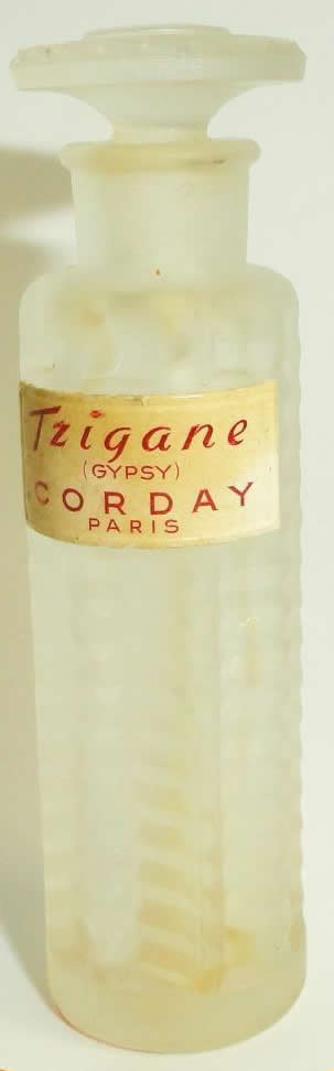 Close Copy of the Original R. Lalique Tzigane Perfume Bottle For Corday having the Gypsy Label, No Serrated Bottom Stopper Edge, and No Signature on the Underside