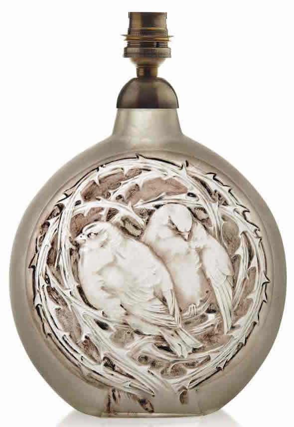 R. Lalique Deux Moineaux Dormant Vase Lamp
