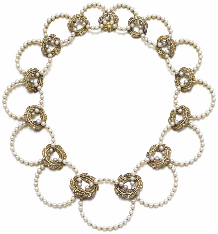 Rene Lalique Leaves And Pearl Hoops Necklace