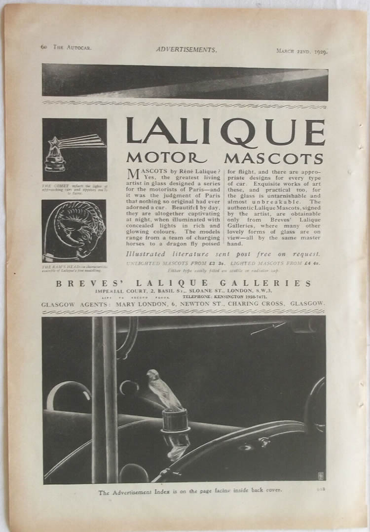 R. Lalique Autocar 3-22-29 Breves Lalique Motor Mascots Magazine Ad