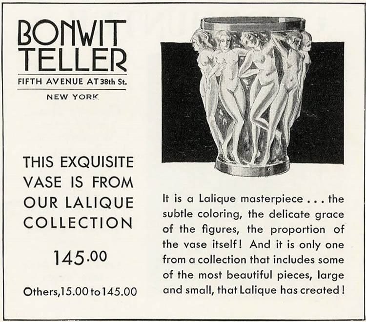 R. Lalique 1930 Bonwit Teller Bacchantes Vase Magazine Ad