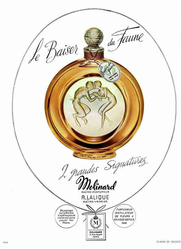 R. Lalique 1950 Molinard Le Baiser Du Faune Perfume Bottle Magazine Ad