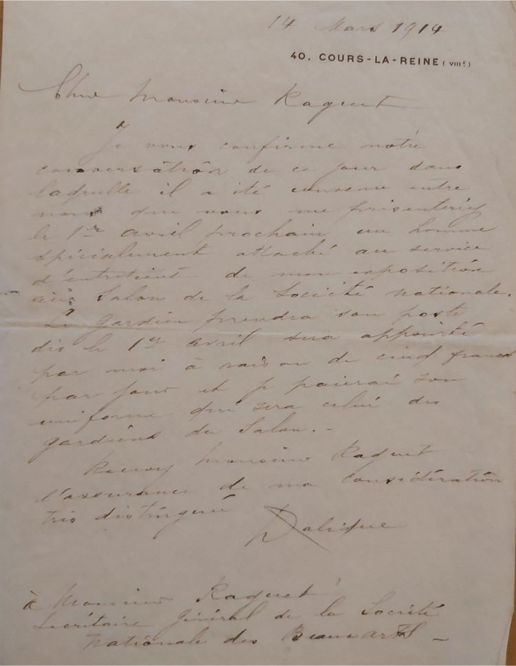 R. Lalique To Eugene Raguet Societe Nationale des Beaux-Arts Letter