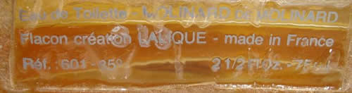 Flacon creation LALIQUE - made in France printed on the underside of a modern Molinard De Molinard Eau De Toilette or Perfume Bottle