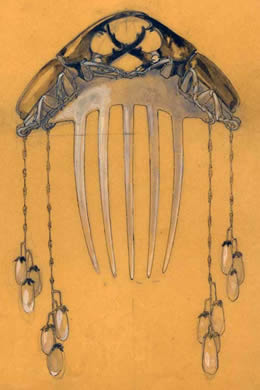 Rene Lalique Drawing of a Hair Comb with Beetles and Pearls