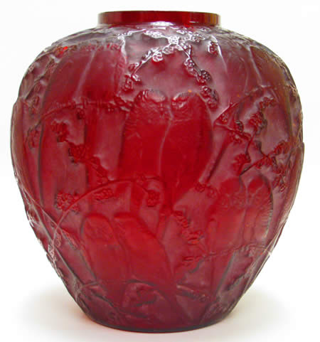 Rene Lalique Vase Perruches in Red Glass