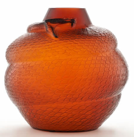 Rene Lalique Vase Serpent in Amber Glass