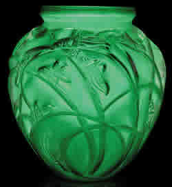 Rene Lalique Sauterelles Vase in Green Glass
