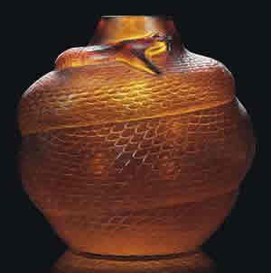 Rene Lalique Serpent Vase in Dark Amber Glass