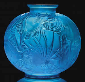 Rene Lalique Poissons Vase In Electric Blue Glass