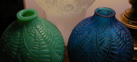 Rene Lalique Espalion Vase Pair In Blue Glass And Cased Green Opalescent Glass