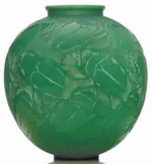 Rene Lalique Cased Green Gros Scarabees Vase