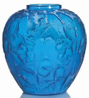 Rene Lalique Blue Glass Perruches Vase