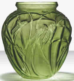 Sauterelles Vase Rene Lalique Green Glass Grasshoppers