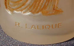Ambre Antique Perfume Bottle Signature And Lower Section Close-Up Likely Czech Close Copy Fake of Rene Lalique Design