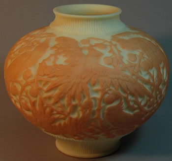 Consolidated Glass Cockatoo Vase Close Copy of the R. Lalique Aras Vase
