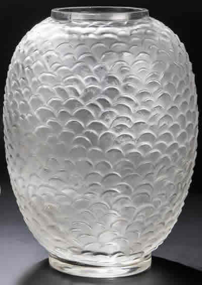 Ecailles Vase Close Copy Fake of Rene Lalique Design In Clear And Frosted Glass Offered By Dr. Fischer Auction House In Germany