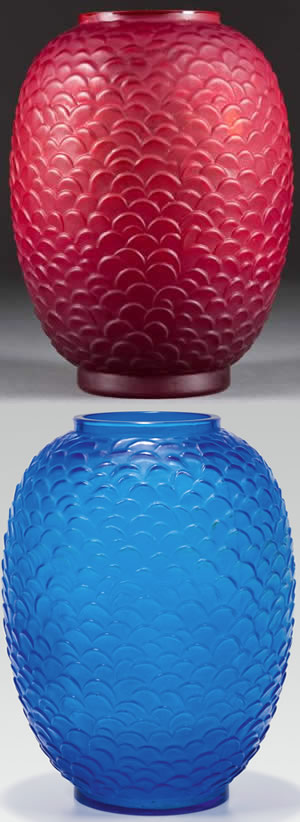 Fake Ecailles Vases: The Red Vase Offered By Hargesheimer Auction House In Germany And The Blue Vase Sold By Im Kinsky Auction House in Vienna Austria Close Copies of Rene Lalique Design