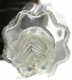 Gardenia Perfume Bottle Stopper From Above Showing LL Molded Monogram For Lucien Lelong A Close Copy Bottle of The R. Lalique Perfume Bottle Made For Parums A, B, and C