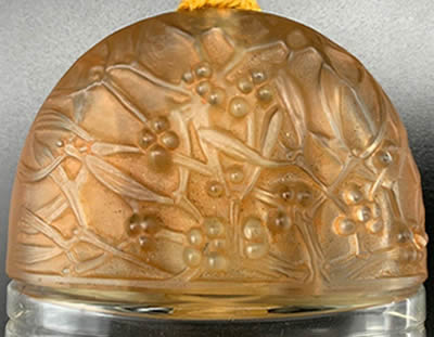 Sous Le Gui Perfume Bottle Elongated Dome Shaped Cover Designed By André Jolivette In 1924 for Jean De Parys Side 2 of 2 later replaced by a more refined and coherent René Lalique Cover In 1926