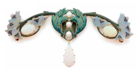 Rene Lalique Feuilles Et Perles Et Cabochons Brooch