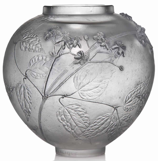 Rene Lalique Clematities Feuilles En Creux Fleurs En Relief Cire Perdue Vase