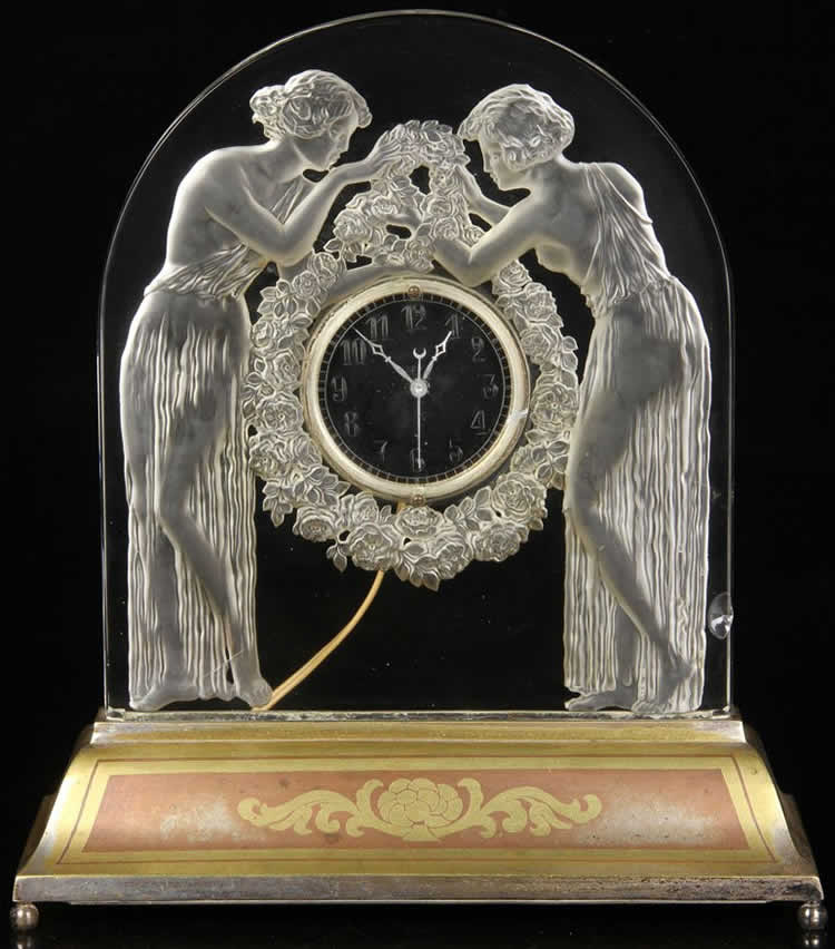 R. Lalique Deux Figurines Table Clock