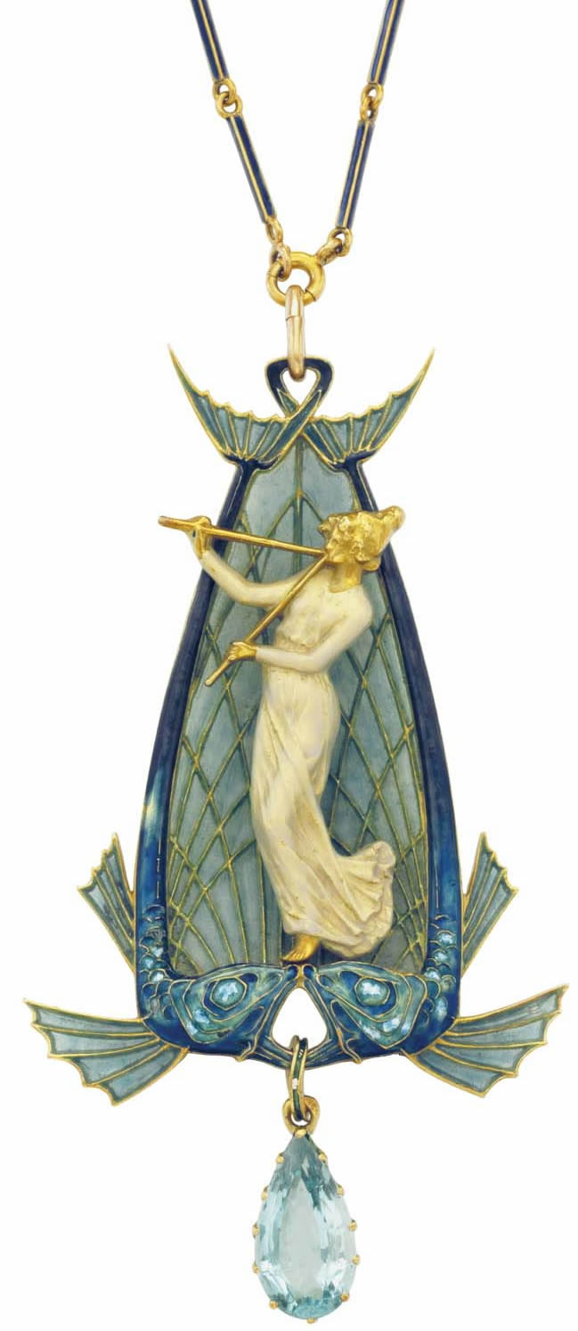 Rene Lalique Femme Avec Deux Poissons Et Deux Flutes Pendant