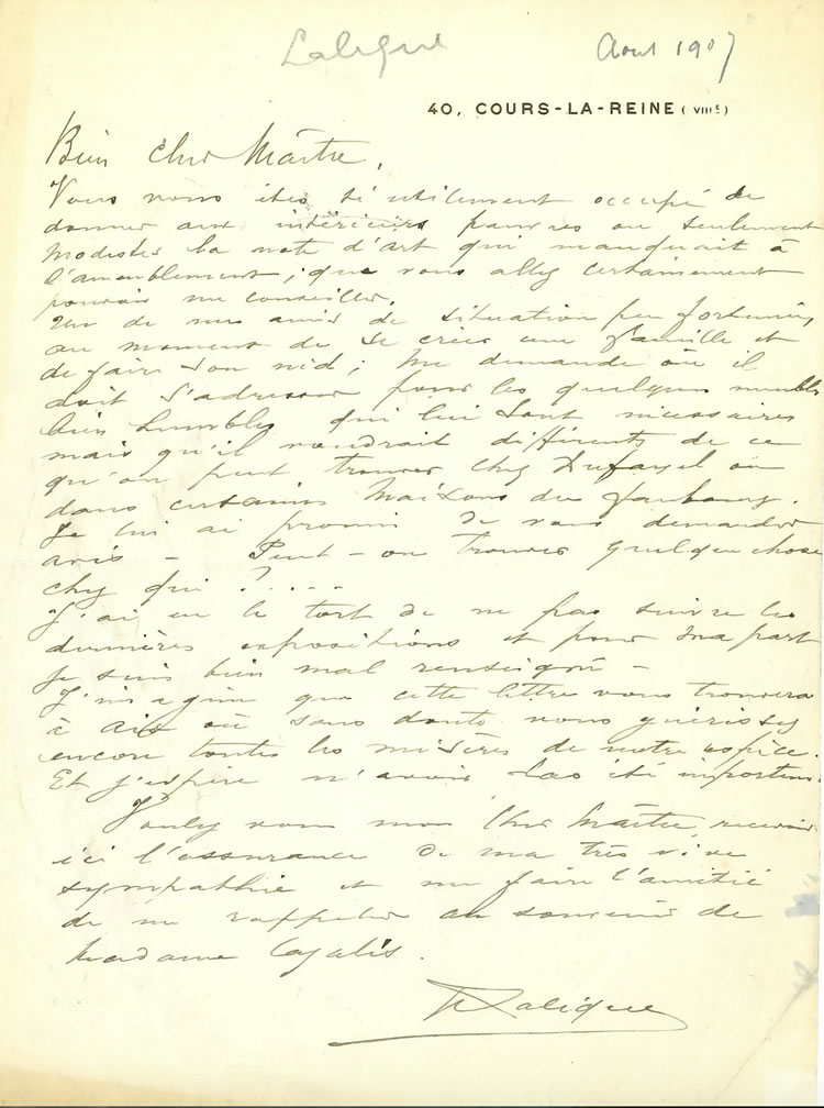 Rene Lalique Autographed Signed To Henri Cazalis Letter