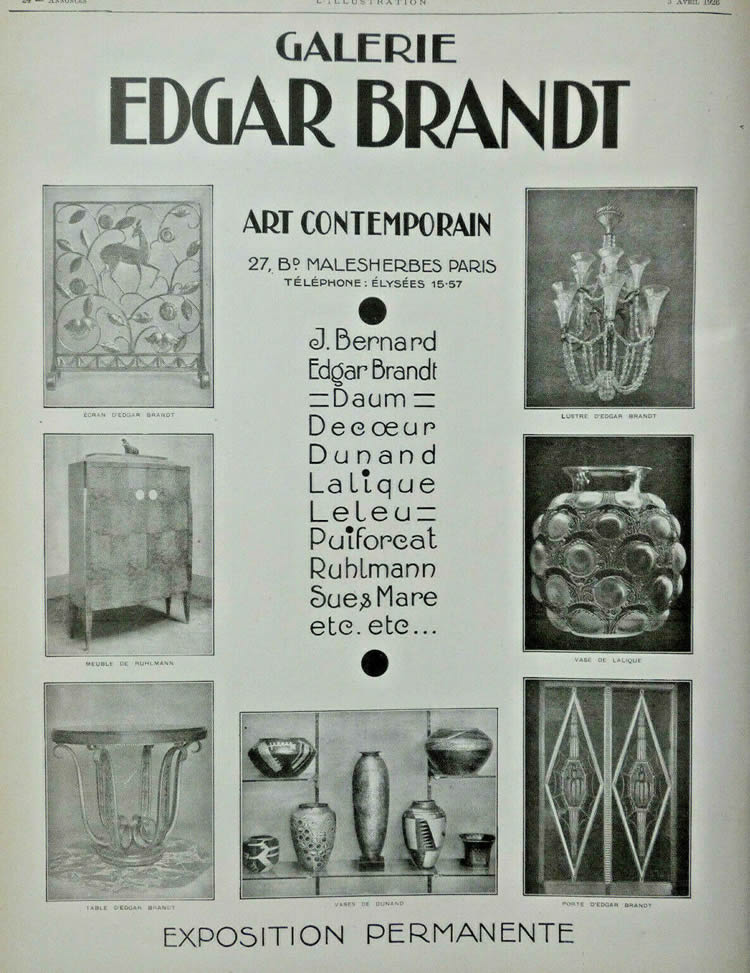 Rene Lalique Magazine Ad Galerie Edgar Brandt 1926