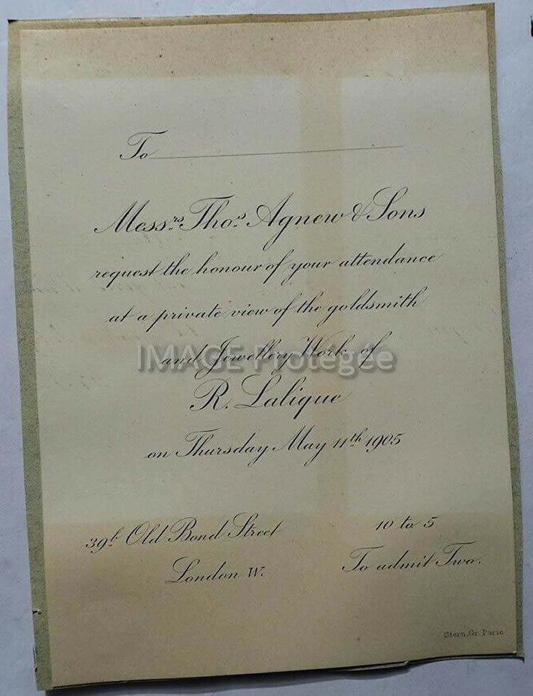Rene Lalique Invitation Thos Agnew And Sons Private View Of Goldsmith And Jewellery Work Of R. Lalique May 11, 1905