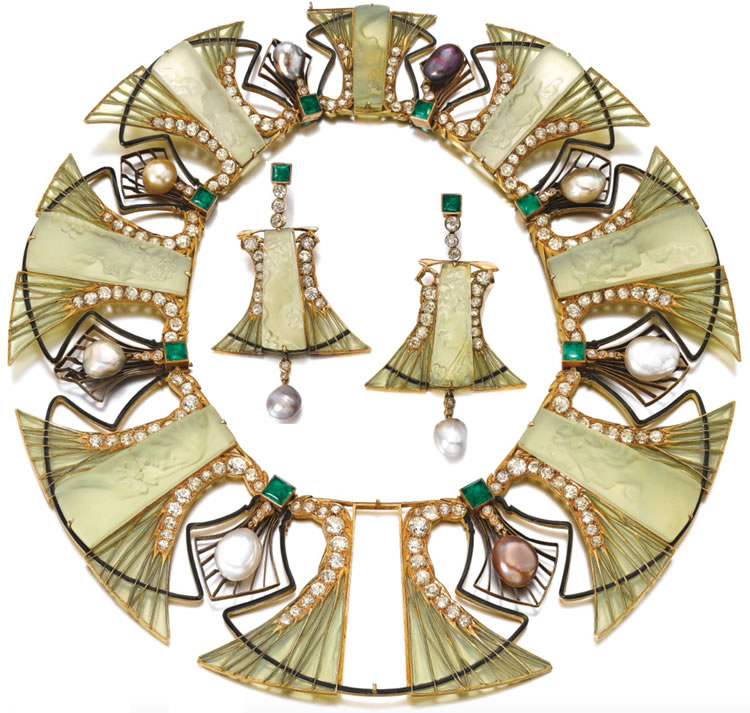Rene Lalique Palmettes Emeraudes Et Perles Necklace