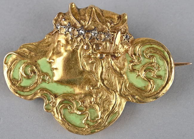 Rene Lalique Windblown Profile Of Young Woman With Tiara Brooch