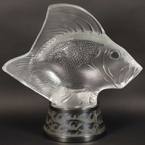 Gros Poisson Vagues Decoration On Silver Highlighted Metal Waves Motif Base That Appears To Be the Proper Pre-War Base Lalique France Crystal Modern Fish Decoration That Was Signed And Dated In 1988 By Marie Claude Lalique