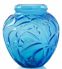 Sauterelles Lalique France Crystal Grasshopper Vase In Blue Glass