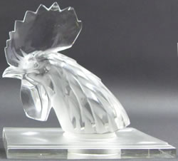 Tete De Coq Lalique France Crystal Bookend On Post-War Frosted Glass Base
