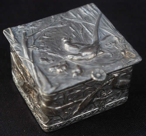 Louis Rault LR Signed Silver Faisans Box Whose Lid Design Matches One Of The Four Panels Of The Footed Wildlife Boxes