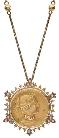 Louis Armand Rault Medallion of Female Figure In Profile with LR Signature - RL Signature With Added Pearls And Embellished Surround And Comporting Chain