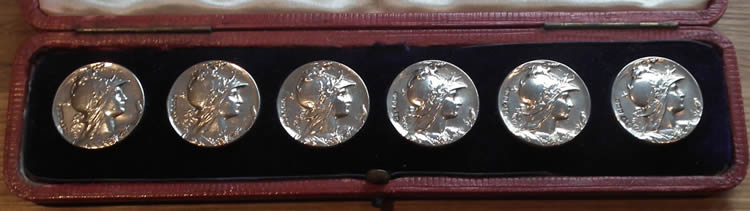 Louis Armand Rault Six Silver Buttons Set In Original Case With Hallmarks For Birmingham England And The Maker Deakin & Francis And With LR Signature - RL Signature