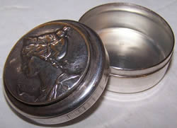 Louis Armand Rault Top Ajar View Of Silver Snuff Box With Rault Medallion On Lid