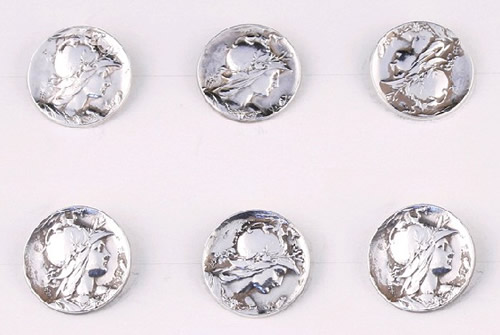 Louis Armand Rault Set of Six Buttons in Sheffield Silver From 1901 Each Having a Helmeted Figure In Profile with LR Signature - RL Signature