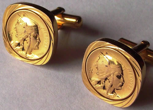 Louis Armand Rault Cufflinks Each Showing Helmeted Figure In Profile With The Word Merovee And With LR Signature - RL Signature