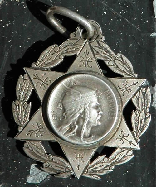 Louis Armand Rault Medallion of Helmeted Figure In Profile with the word Merovee Inside a Highly Decorative Pendant Surround and with LR Signature - RL Signature