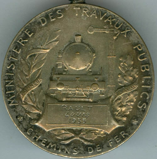 1935 French Railway Medal Rpublique Francais Reverse Given To A Louis Rault That Is A Different Person Than The Late 19th Century Medalist Louis Armand Rault