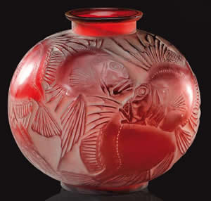 Rene Lalique Poissons Vase In Red Glass