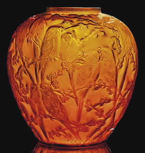 Rene Lalique Perruches Vase In Dark Amber Glass