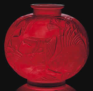 Rene Lalique Poissons Vase In Cased Red Glass